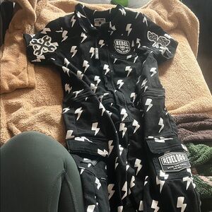 Rebel Bro Black Jumpsuit with White Lightning Bolts, 4-5t— worn twice